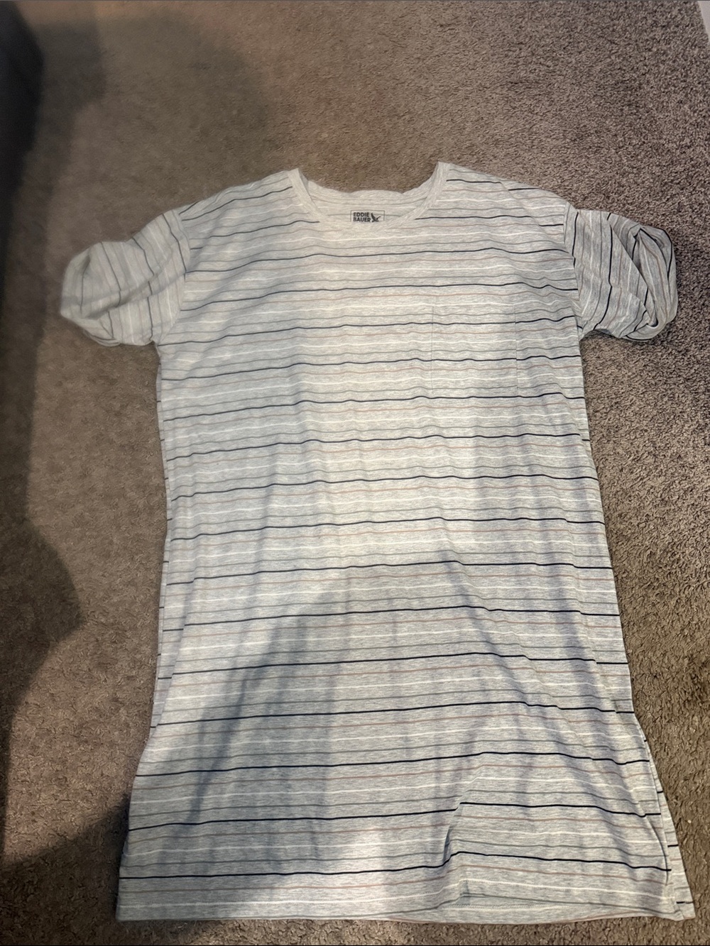 Eddie Bauer Light Gray with Thin Navy Stripes t-shirt dress - Short Sleeve. NWOT